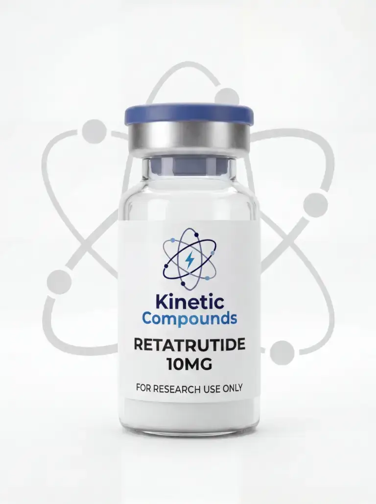 Retatrutide 10mg research peptide vial with Kinetic Compounds label, triple GLP-1 GIP glucagon agonist for laboratory research