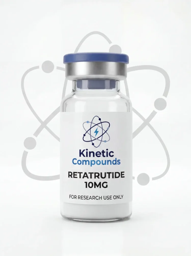 Retatrutide 10mg research peptide vial with Kinetic Compounds label, triple GLP-1 GIP glucagon agonist for laboratory research