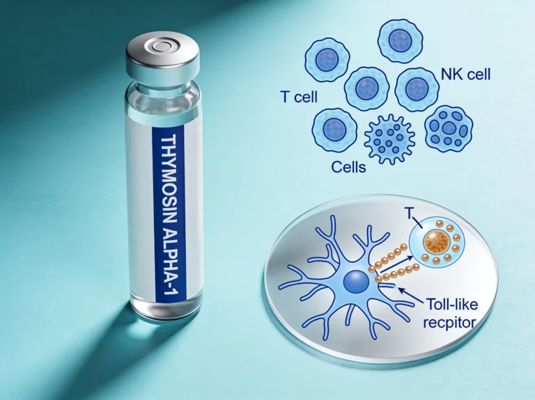 Thymosin Alpha-1 research peptide vial with a dendritic-cell/T-cell immune-signaling diagram on a cyan-aqua background.